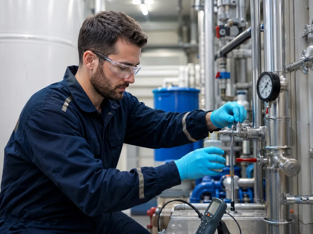Técnico tomando muestra en instalación industrial